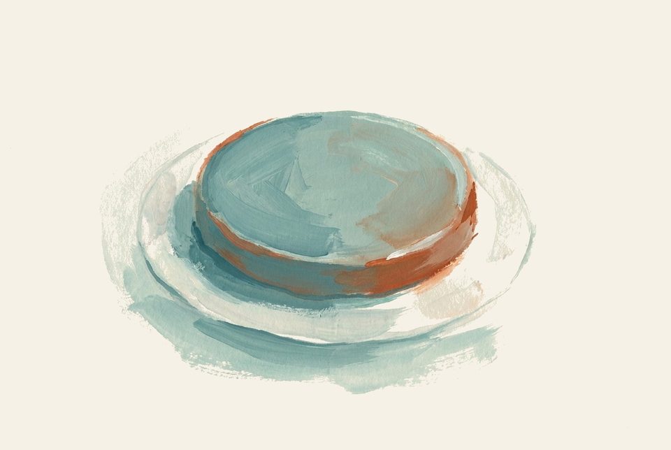 Gouache-painted CGM glucose-sensor disc op cream oppervlak