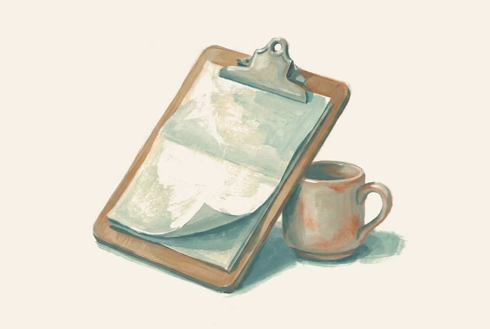 Gouache-painted stilleven van klembord met dokter-notitie en mok